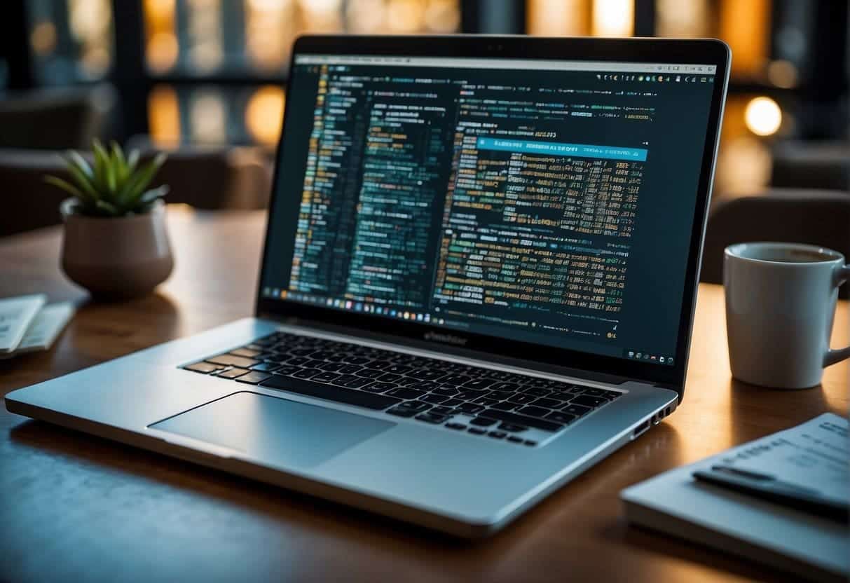 An open laptop displaying JavaScript code, surrounded by icons of other web technologies like HTML, CSS, and databases