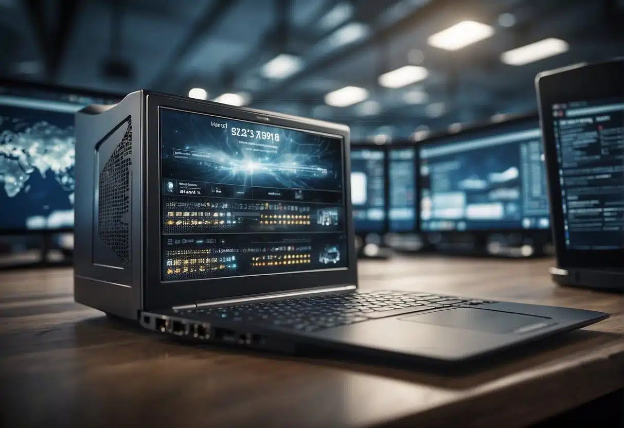 A computer server surrounded by clouds, with a web design interface on the screen. A laptop and smartphone connected to the server