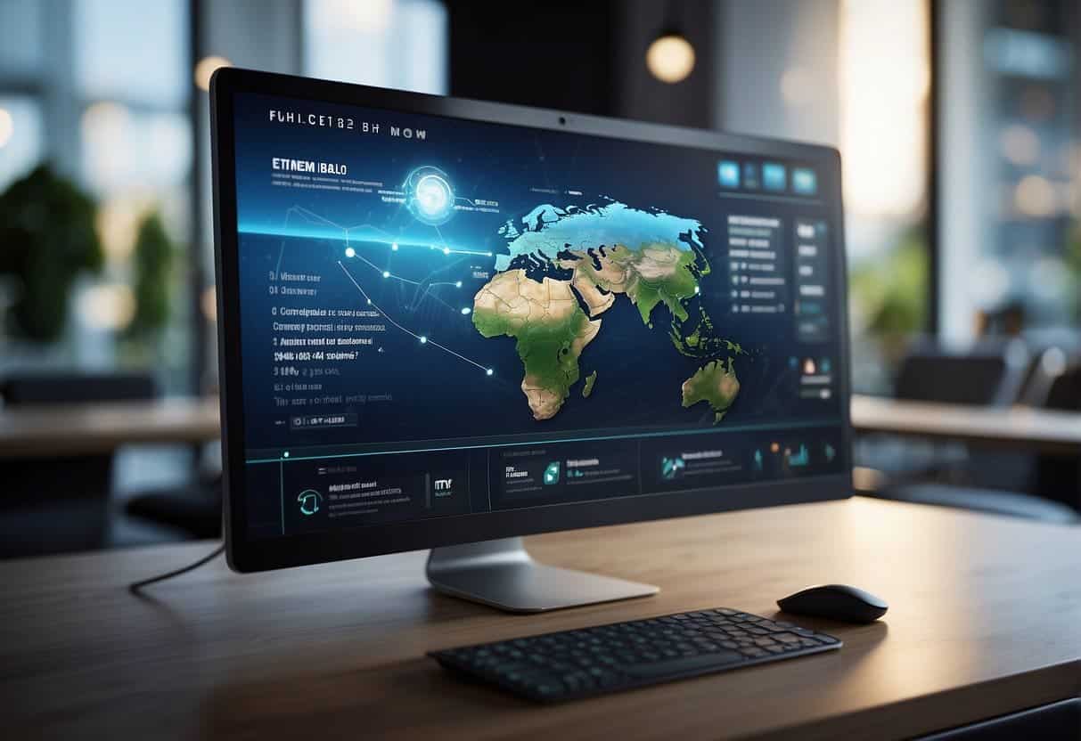 A computer screen displaying a sleek and modern website design, with vibrant graphics and smooth animations. The software interface is user-friendly and intuitive