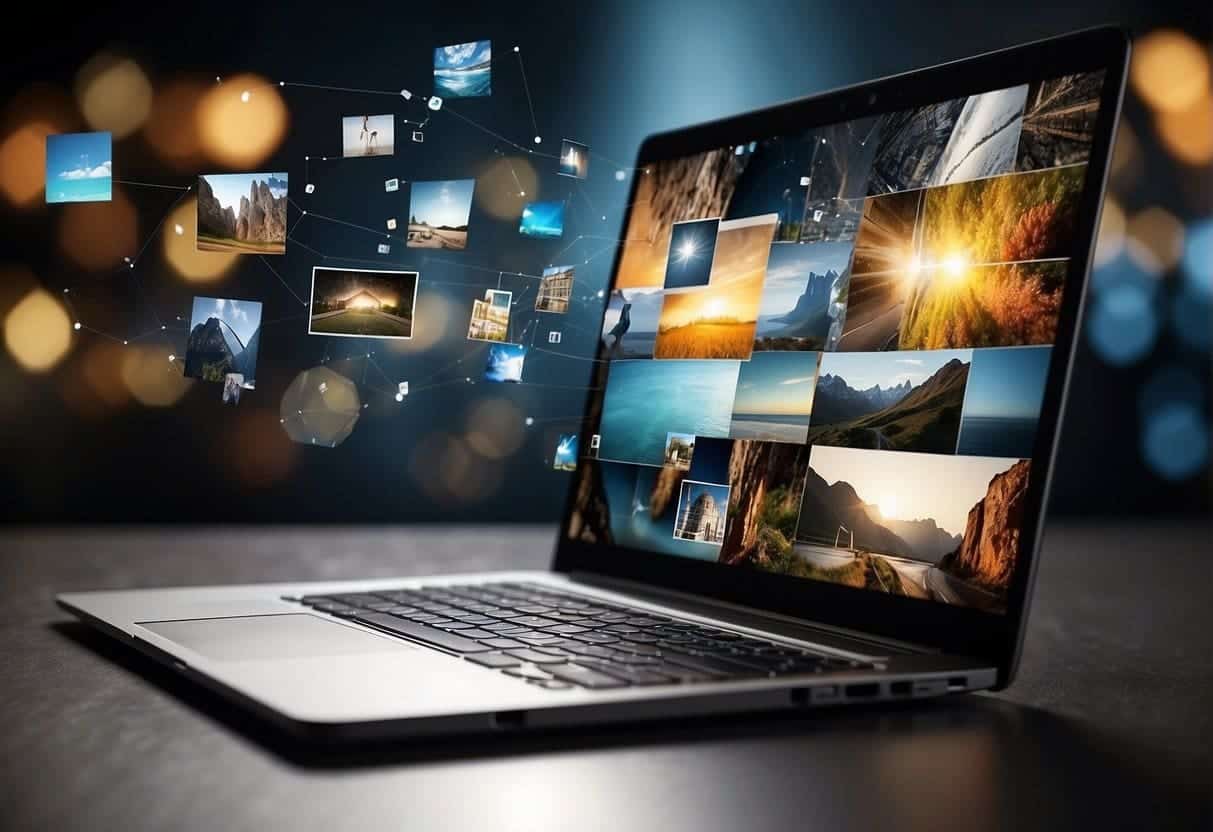A laptop surrounded by various images and graphics, with a hand dragging and dropping them onto a website layout
