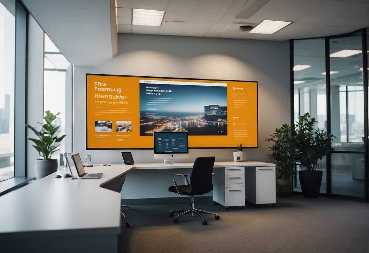 A modern, clean office space with a computer displaying a website homepage. The website features high-quality, cohesive images that reflect the brand's identity