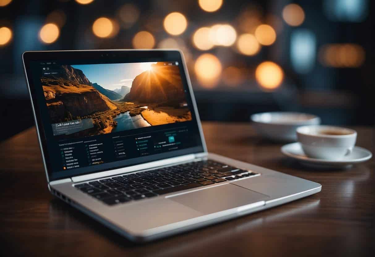 A laptop connected to a fast internet source, with a loading bar at 100%, and a website displayed on the screen