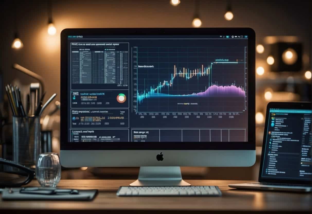 A computer screen displaying website speed optimization tips with graphs and charts, surrounded by various multimedia devices and tools