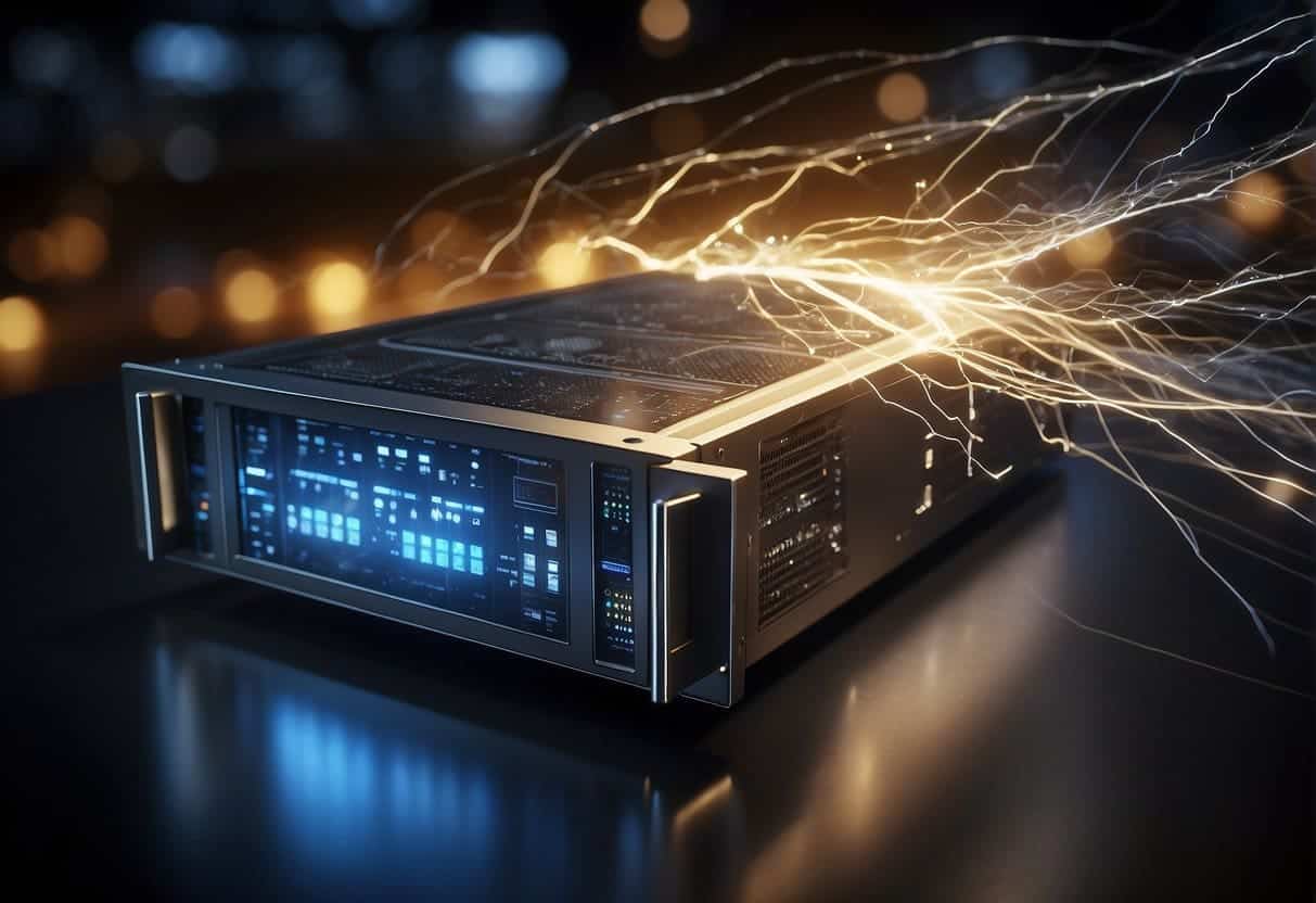 The server hums as data flows through optimized pathways, while the website's speed is depicted by a lightning bolt symbolizing efficiency