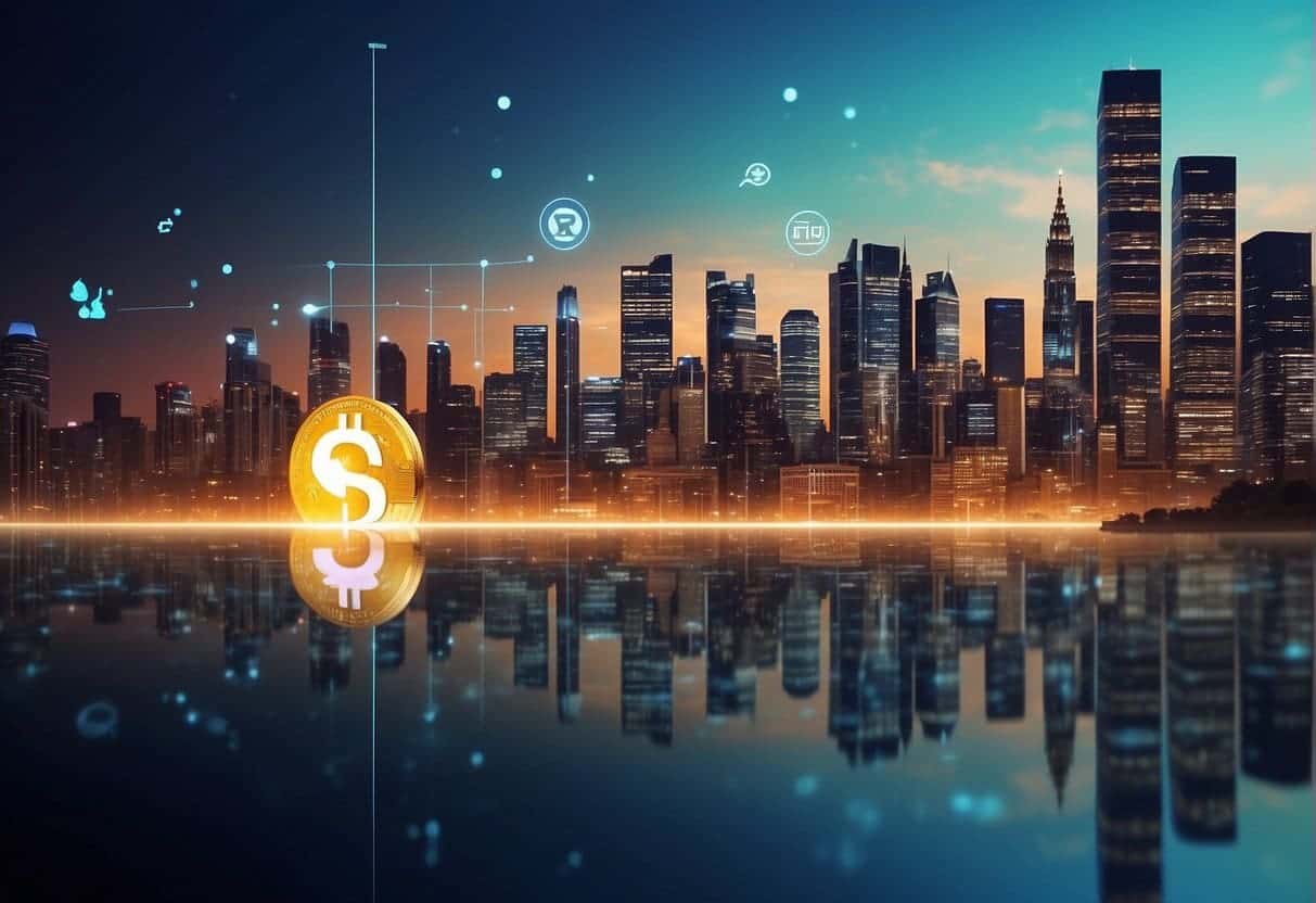 A vibrant city skyline with digital currency symbols floating above, while a graph shows the rise of fintech products in the market