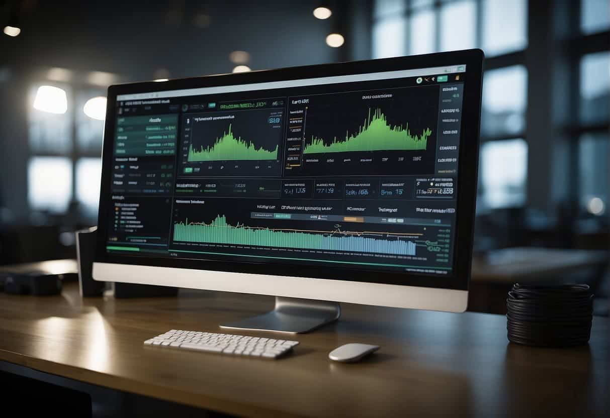 A computer monitor displaying a website loading quickly, with speed optimization tools and SEO performance metrics visible on the screen