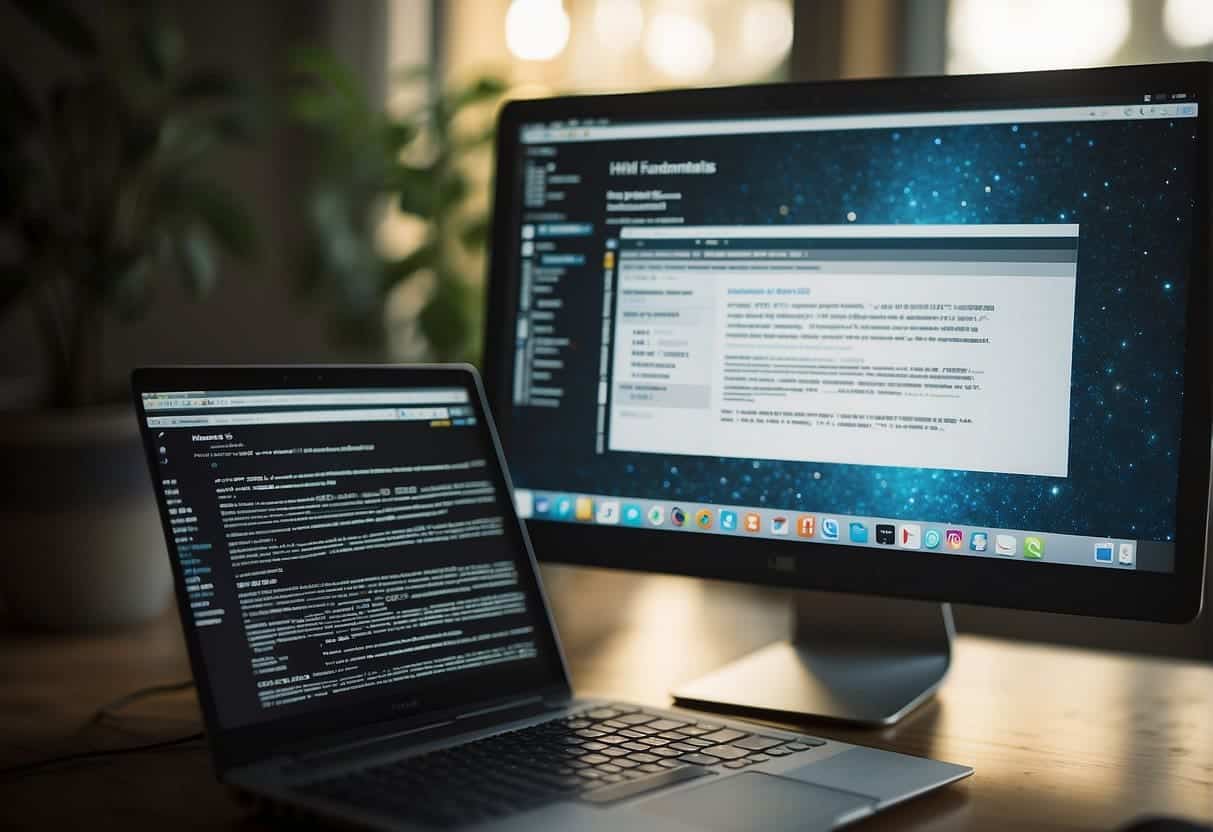 A computer screen displaying HTML5 code with a book titled "Fundamentals of HTML5" next to it