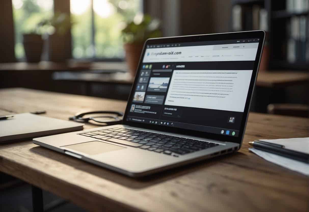 A laptop and a notebook sit on a clean, organized desk. A pencil hovers over the notebook, ready to jot down ideas. The laptop screen displays a website design