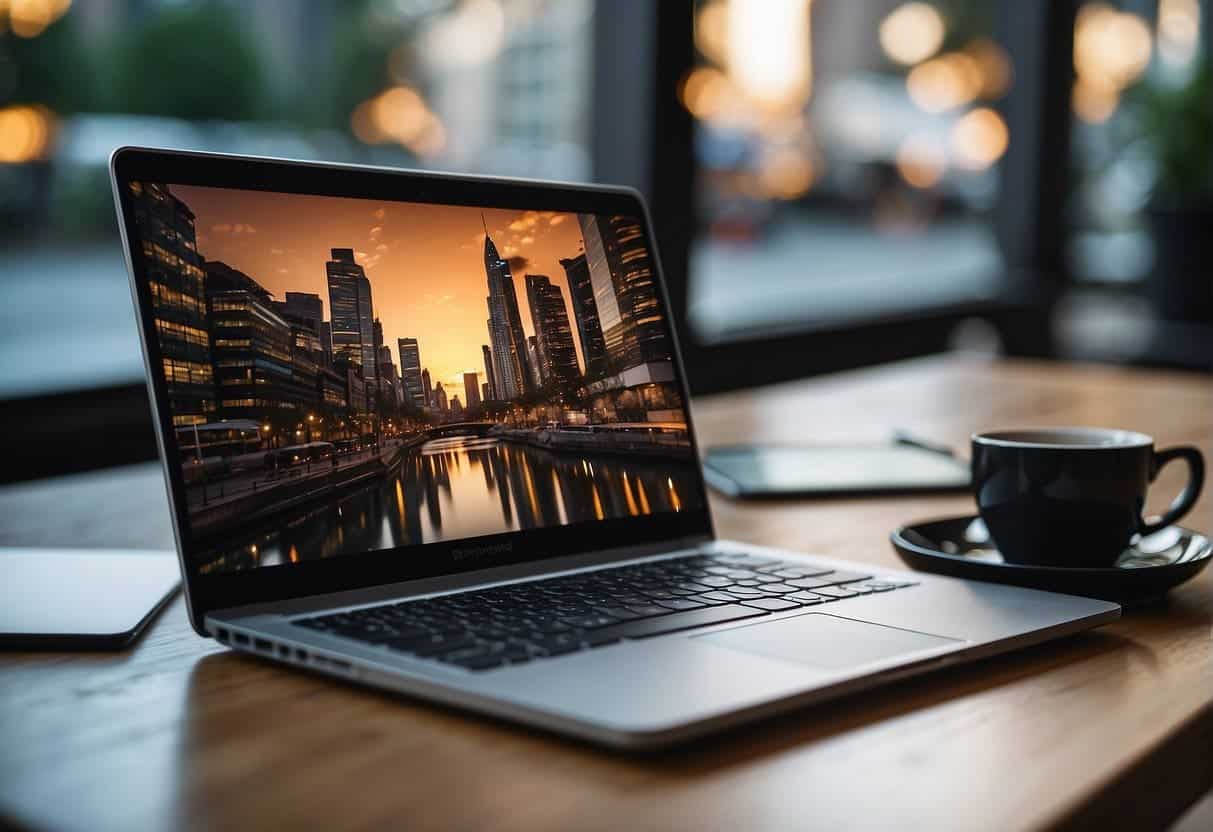 A laptop with a captivating web design on the screen, surrounded by various marketing materials and a pen poised to write compelling copy