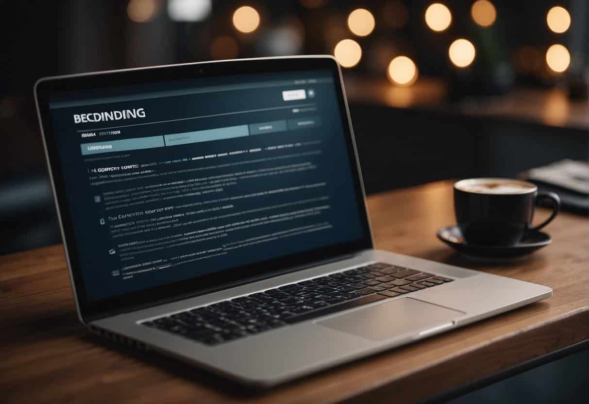 A laptop displaying a website with cohesive branding elements and engaging copy, surrounded by branding guidelines and a copywriting style guide