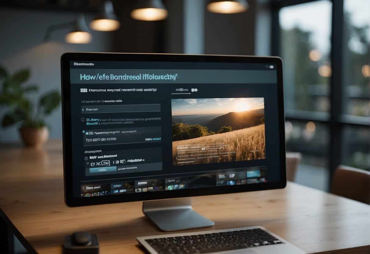 A computer screen displaying a website with a background video. A person's hand adjusting video settings. Text overlay with "How to Use Background Videos Effectively."