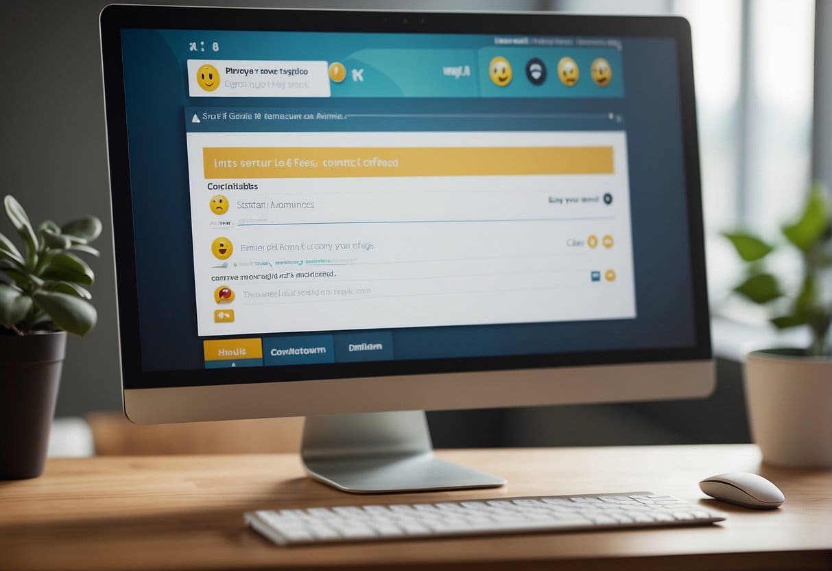 A computer screen displaying a clean and organized contact page with easy-to-find buttons and clear instructions. A smiling emoji next to a feedback form adds a friendly touch