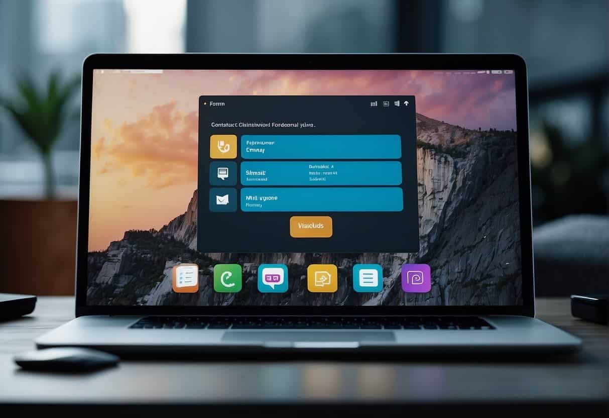 A computer screen with a contact form, surrounded by icons of phone, email, and chat, with a friendly and inviting color scheme