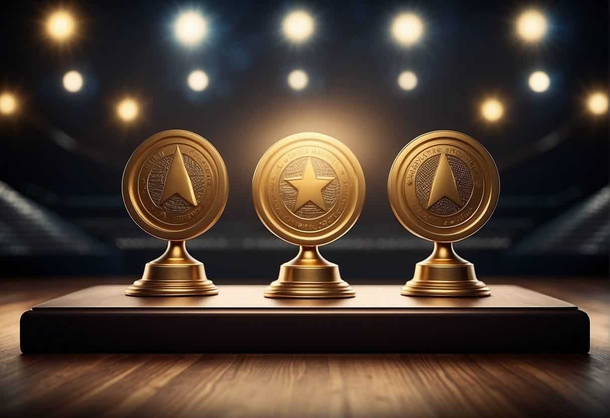 A podium with a spotlight shining on it, surrounded by symbols of achievement and milestones, such as trophies, medals, and certificates