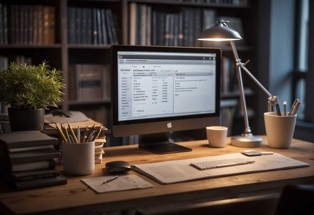 A clean desk with a ruler, pencil, and paper. A computer displaying form design software. A bookshelf with design books