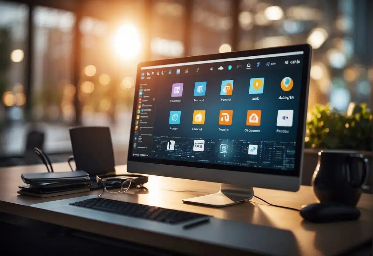 A computer screen with various web icons displayed, surrounded by a user interface design toolkit and usability testing tools