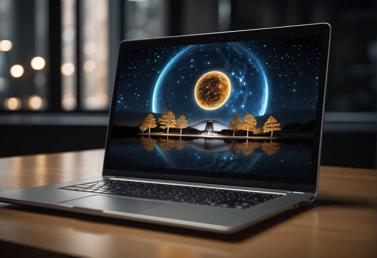 A laptop open on a desk, with a sleek and modern design. A blank screen ready to be filled with creative portfolio content