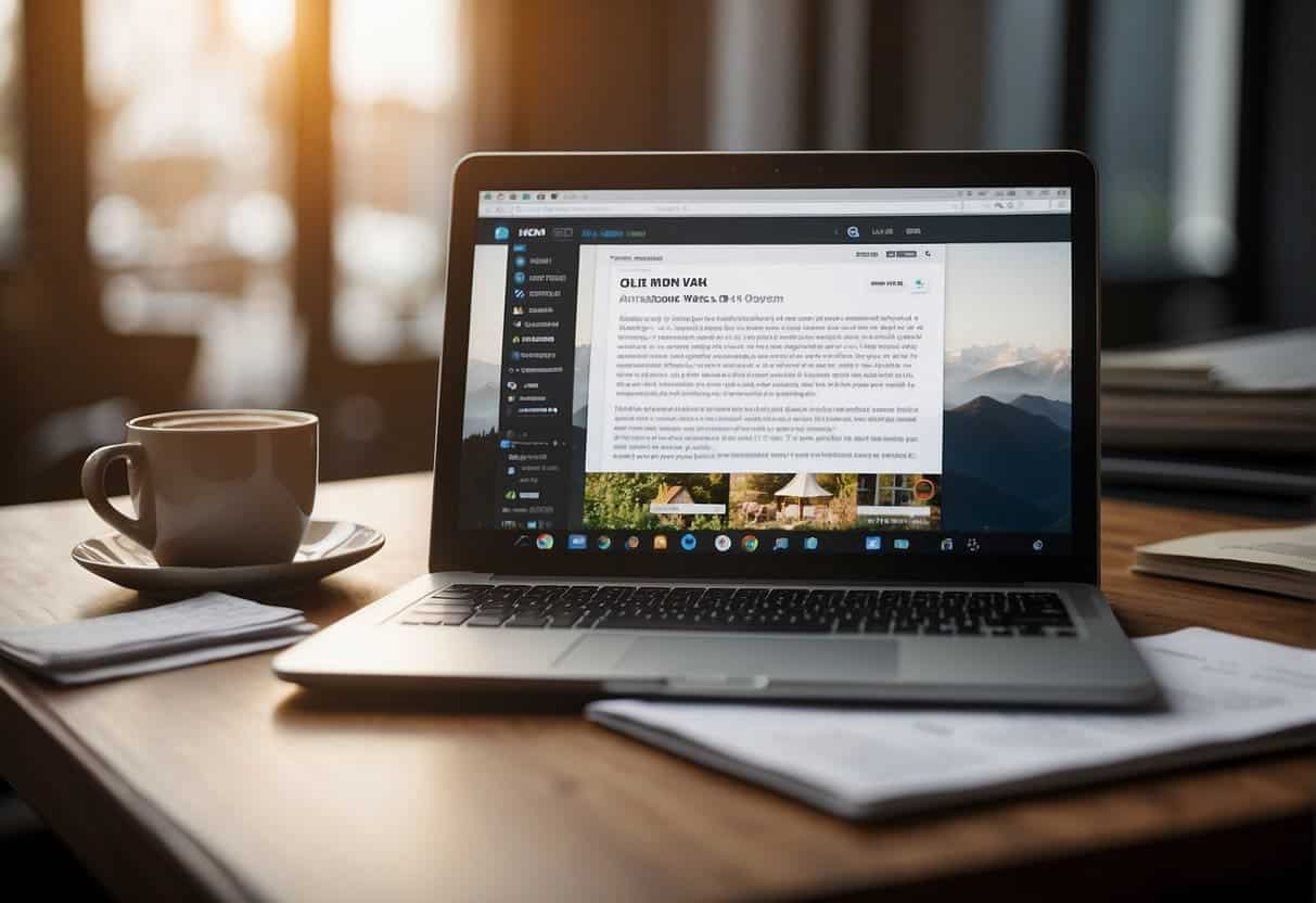 A laptop open on a desk, with a social media feed and a blog post on the screen. A pen and notebook sit nearby, with a website layout sketched out