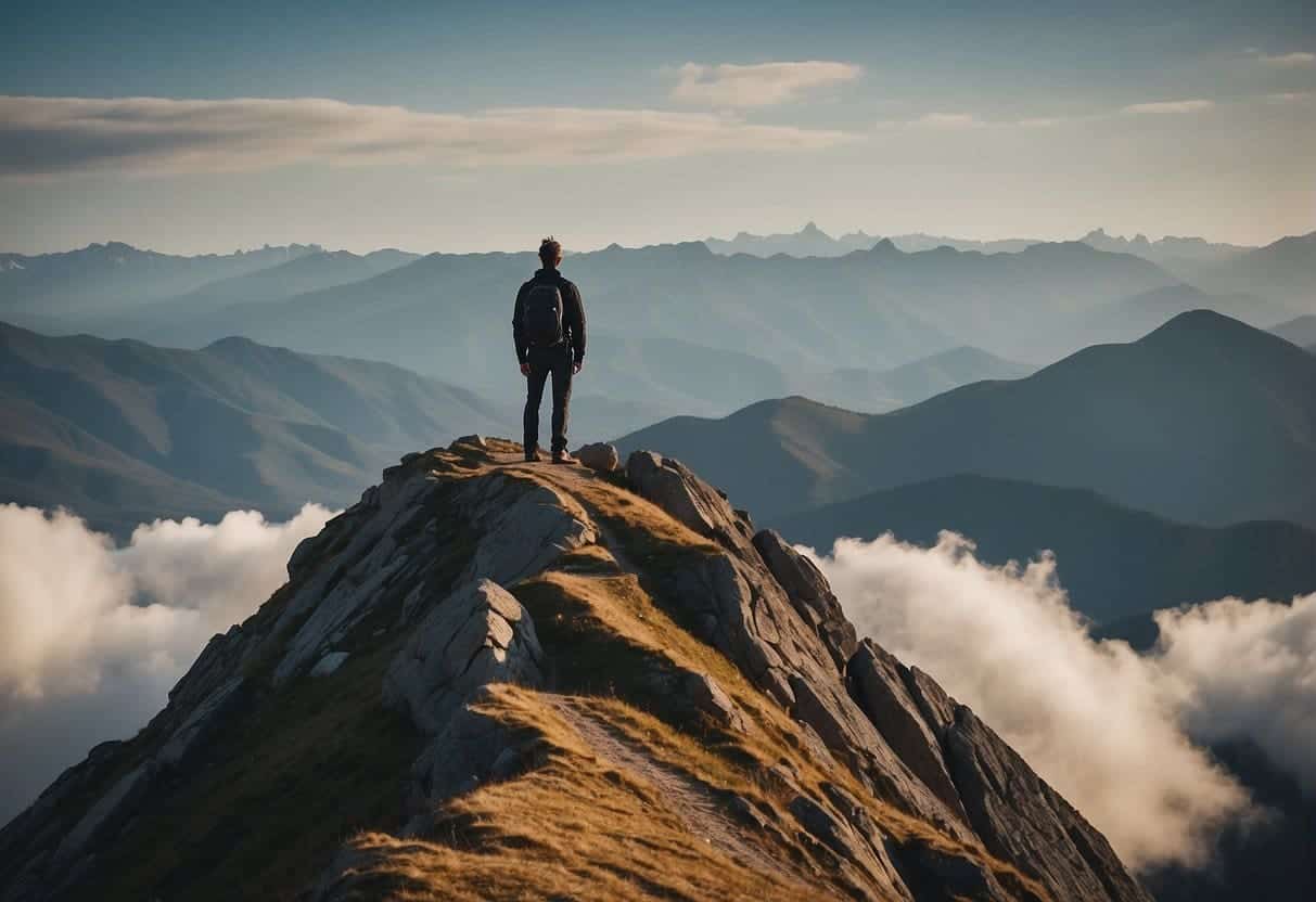 A figure stands confidently atop a mountain peak, exuding expertise and authority. Below, a vast landscape symbolizes trustworthiness and topical authority