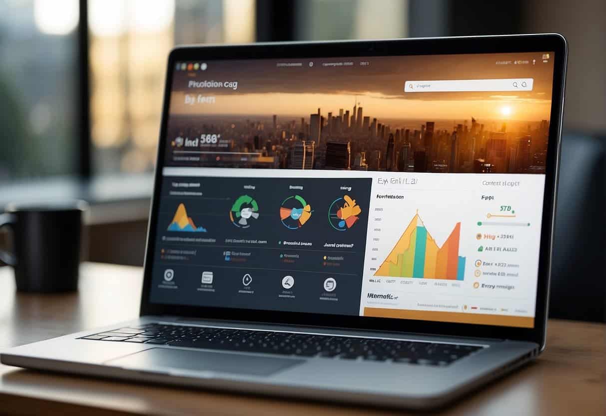 A laptop displaying a website on different browsers and devices, with graphs showing performance optimization