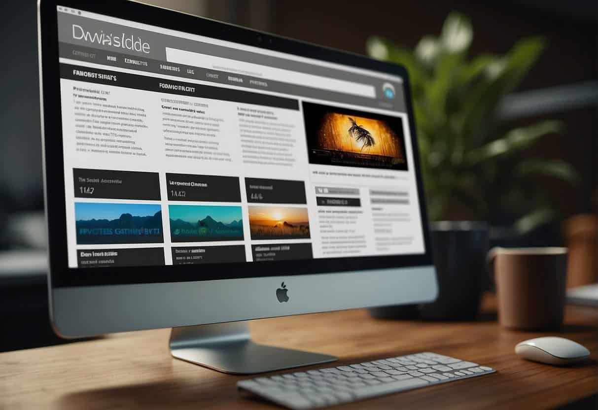 A computer screen displaying a website with consistent colors, fonts, and graphic elements. A style guide document open next to it, outlining brand guidelines