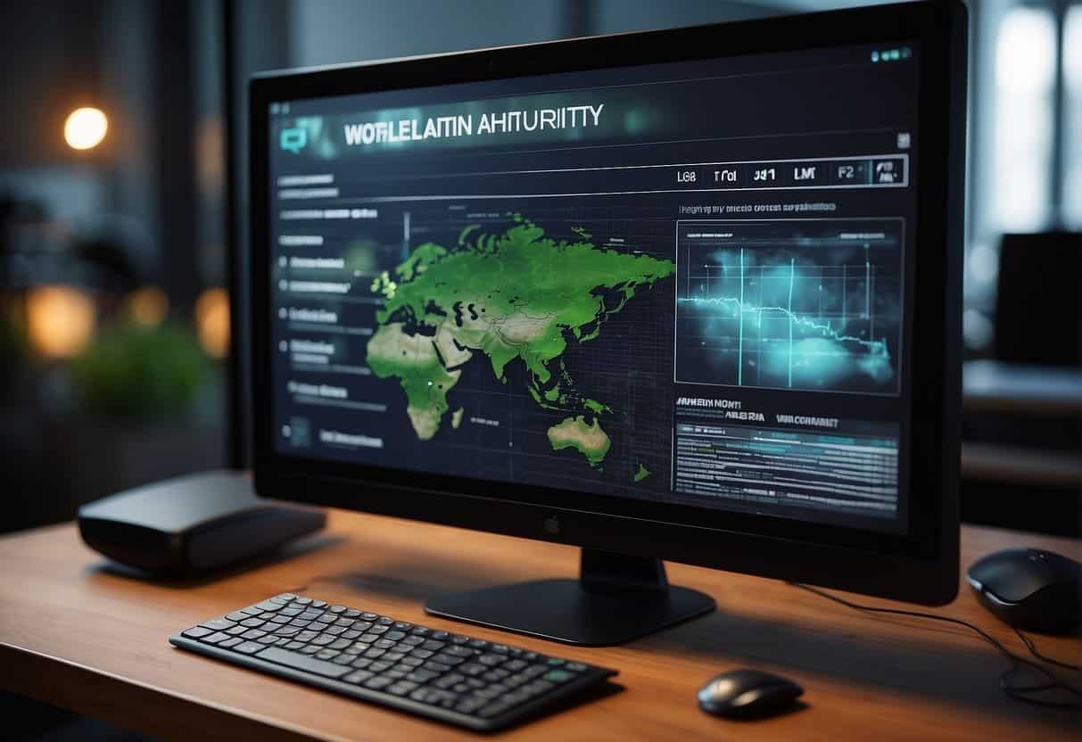 A computer screen displaying a website with clear navigation, relevant content, and engaging visuals. A chart comparing topical authority and domain authority is visible in the background