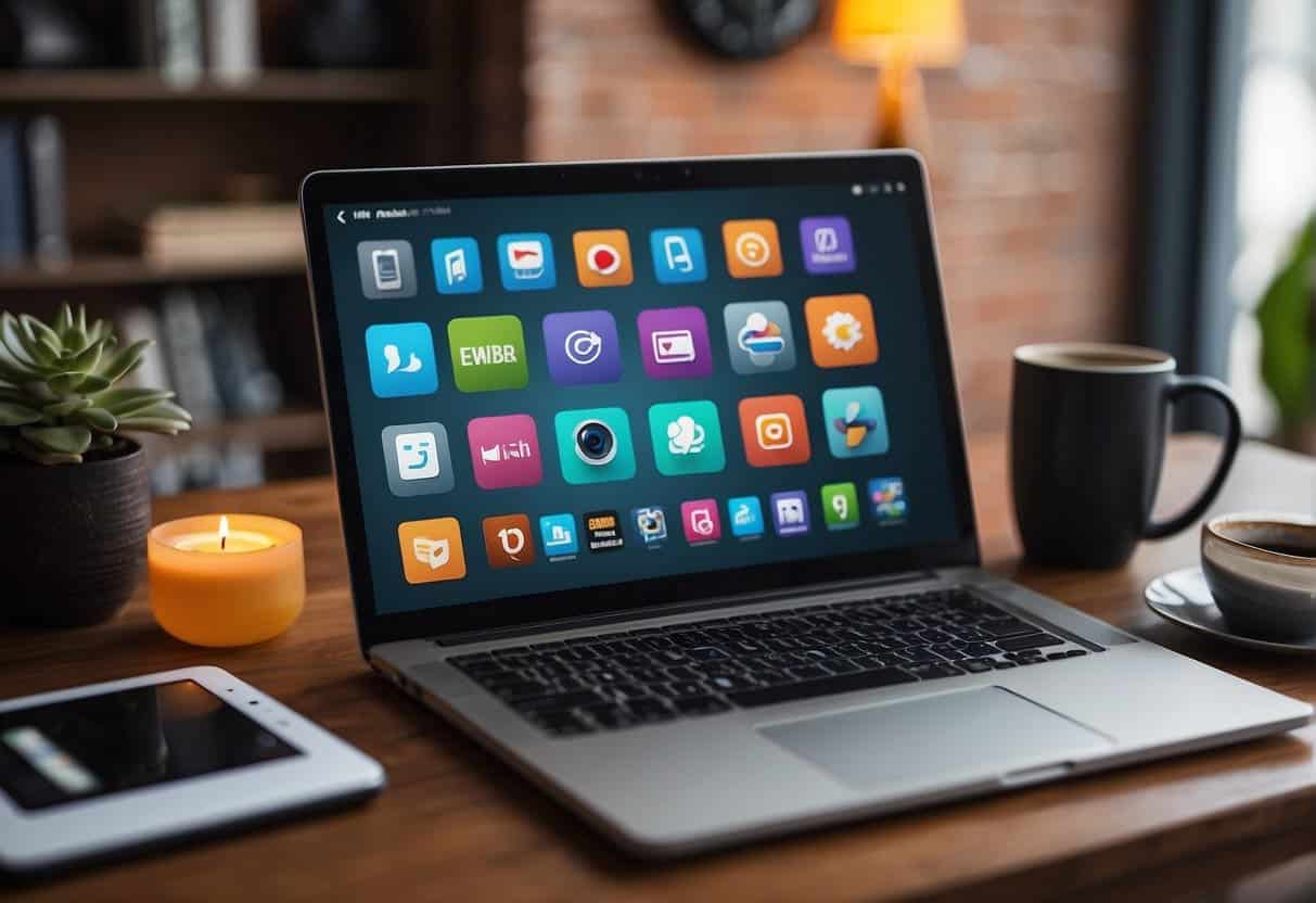 A laptop surrounded by various innovative app icons, with a blogger's desk in the background