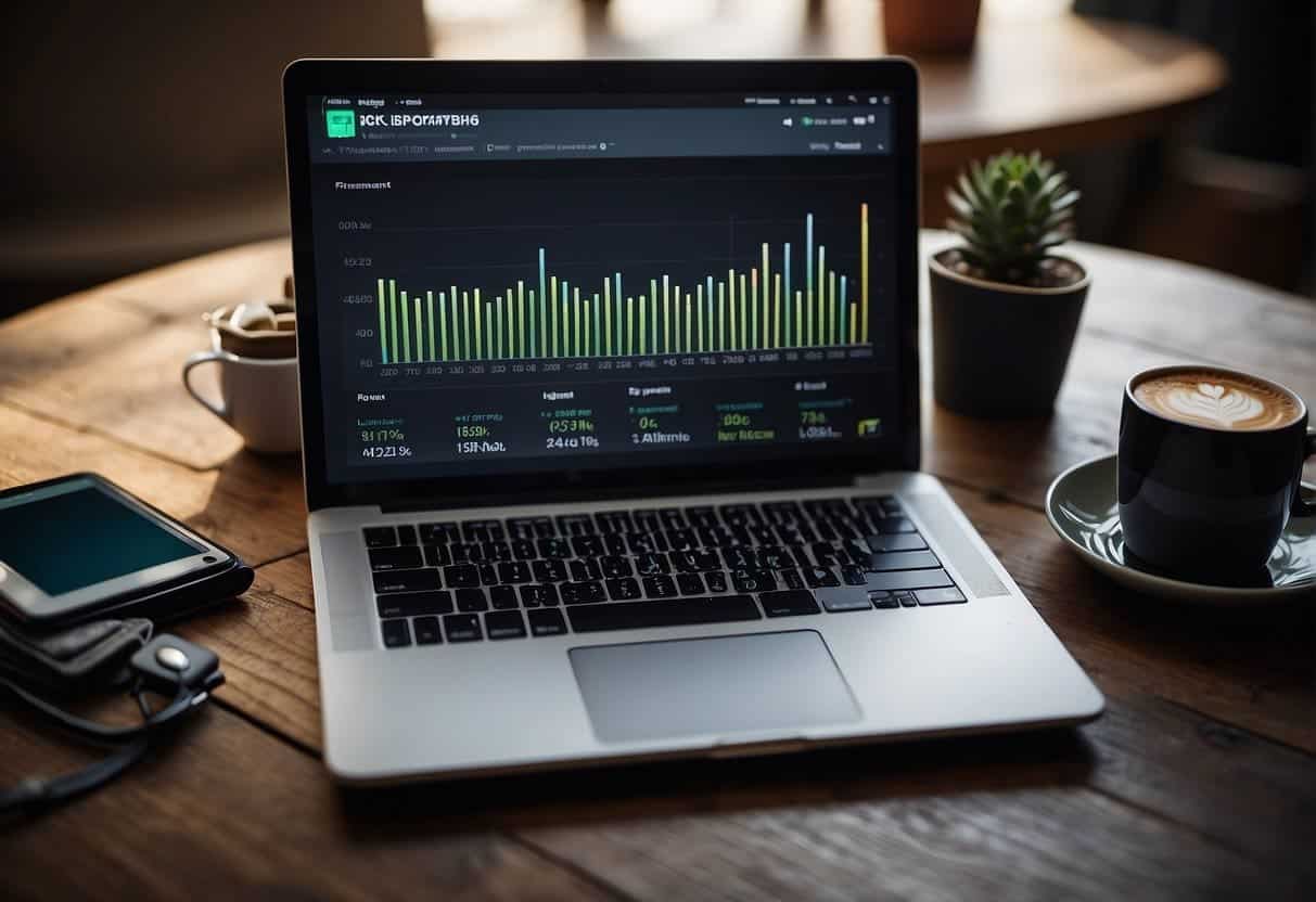 A laptop displaying a graph of performance metrics with a creative app interface open, surrounded by various blogging tools and resources