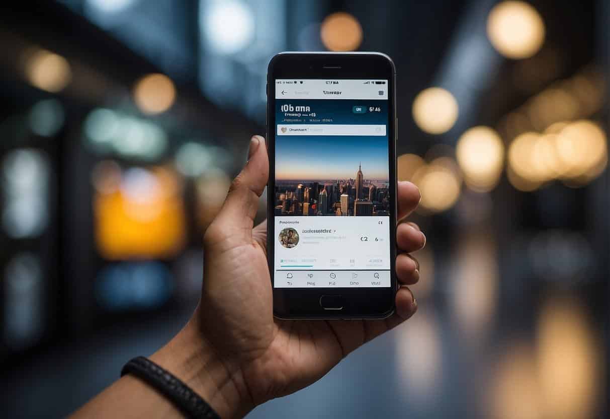 A smartphone displaying an Instagram feed with various products for sale. A hand reaching out to tap on a product, with a background of business charts and graphs