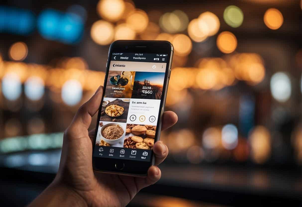 A smartphone displaying an Instagram profile with engaging content and interactive features, surrounded by various product images and a seamless checkout process