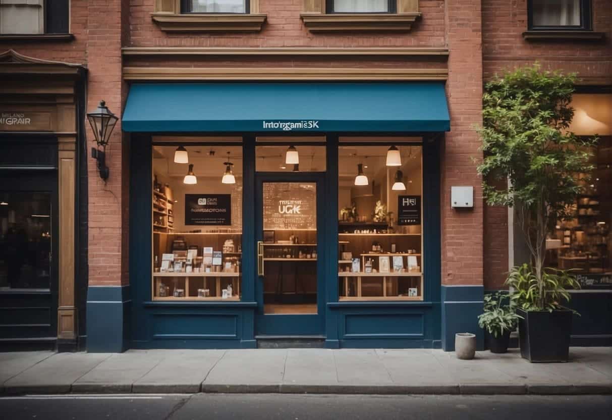 A storefront with a prominent Instagram logo, displaying customer reviews and insights. A line of satisfied customers outside, eagerly entering the store