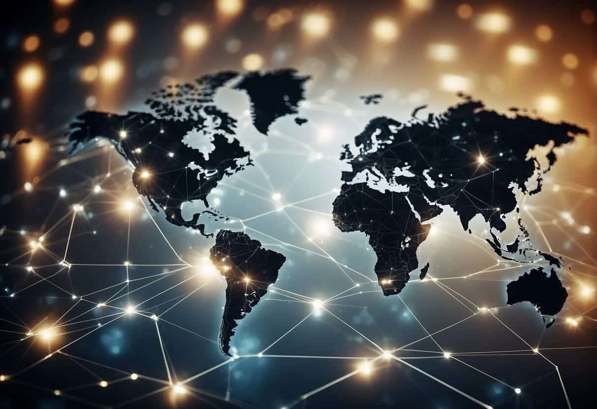 A world map with websites displayed in multiple languages, search bars, and global traffic data