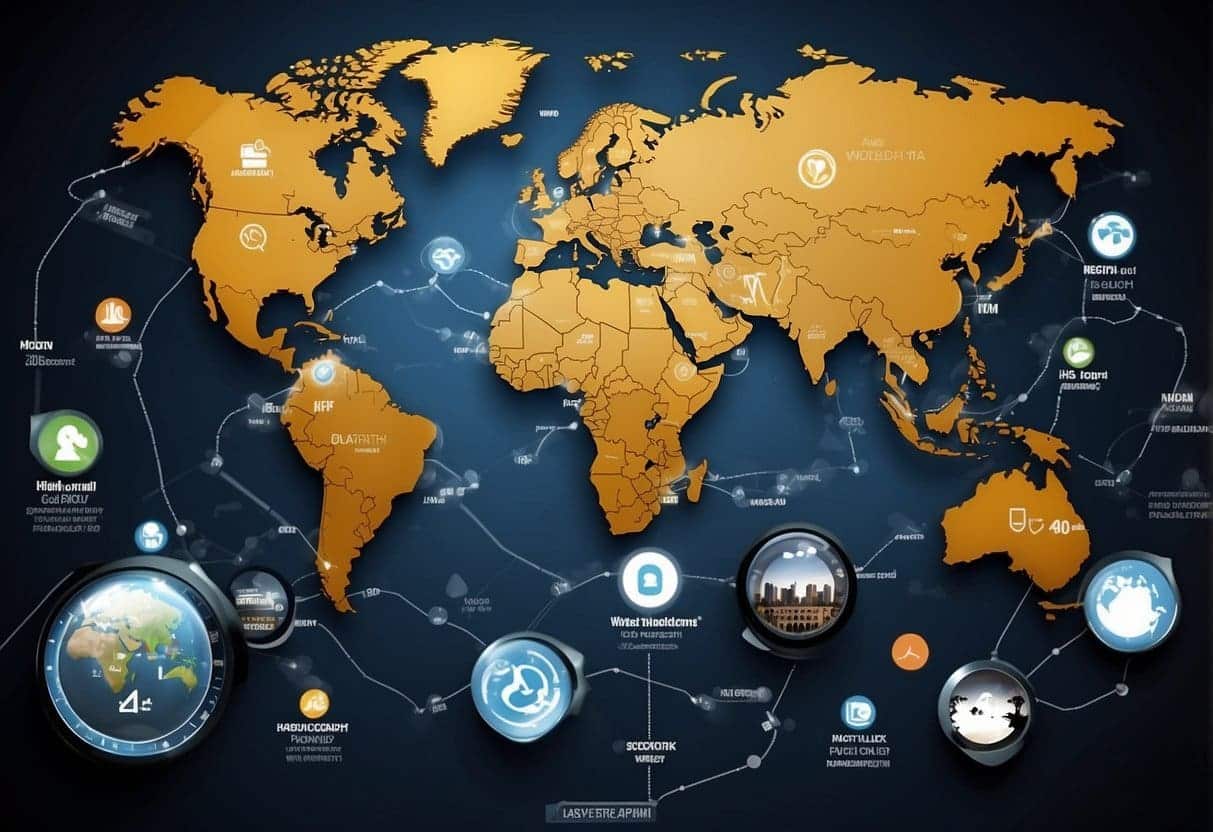 A world map with website icons in various countries, showing search engine optimization performance globally