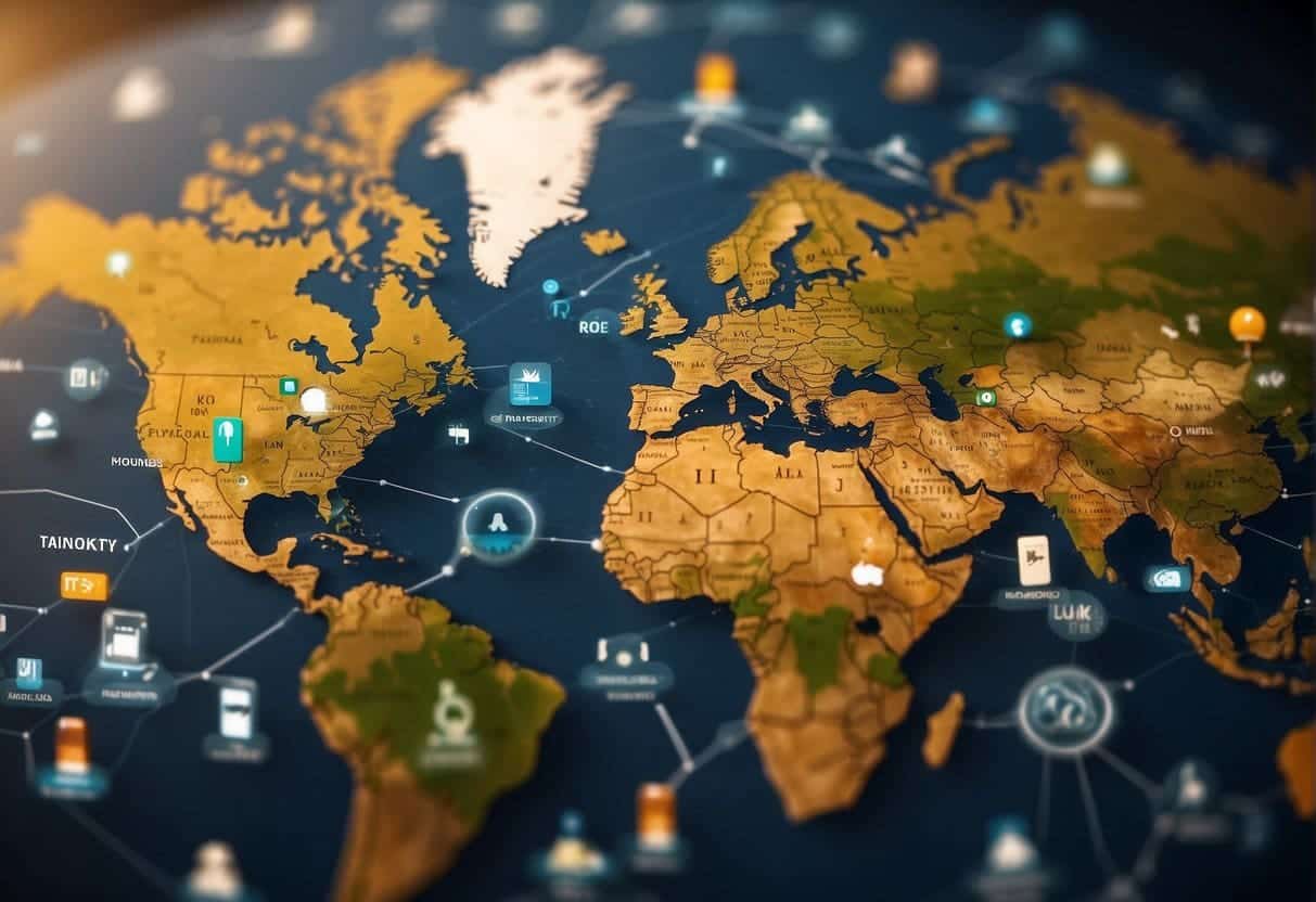 A world map with interconnected web icons representing global search visibility, surrounded by diverse cultural symbols and languages