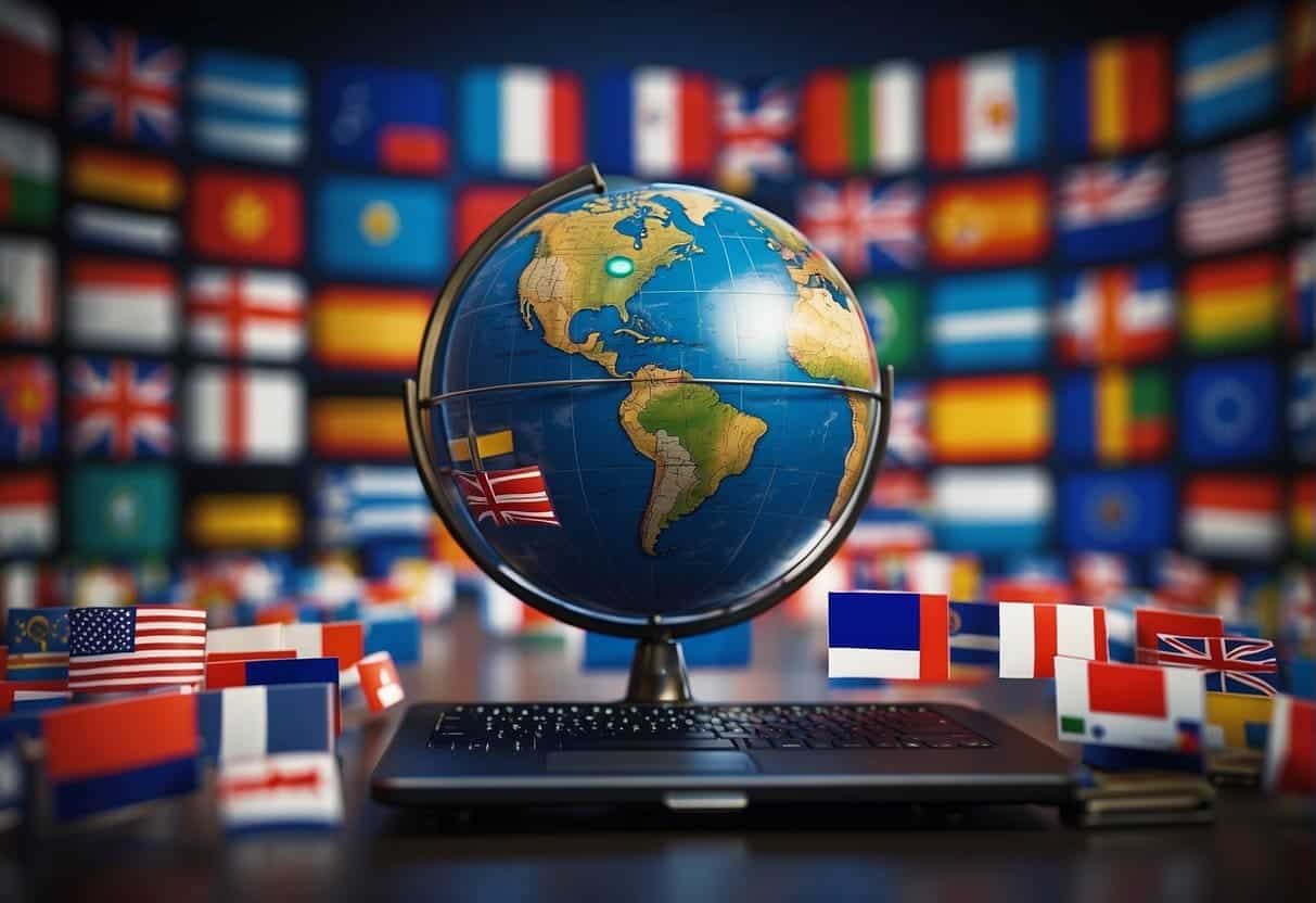 A globe surrounded by various international flags, with a computer screen displaying a website and search bar