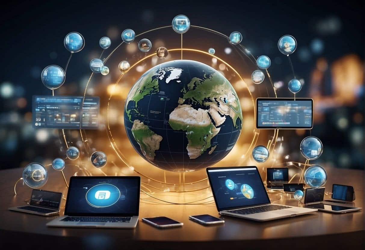 A globe surrounded by digital devices, with websites in different languages and SEO elements floating around it