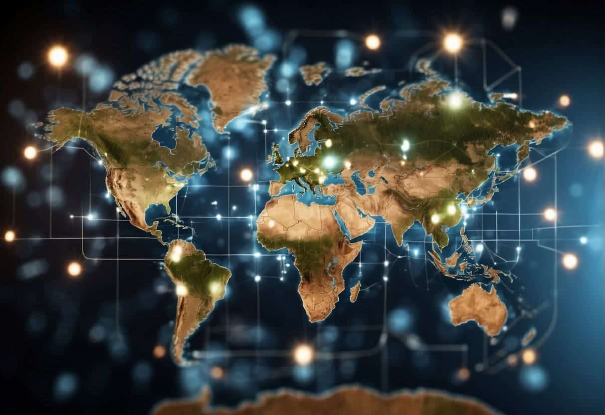 A world map with websites popping up in different countries, representing global search visibility and adapting SEO to shifting market trends