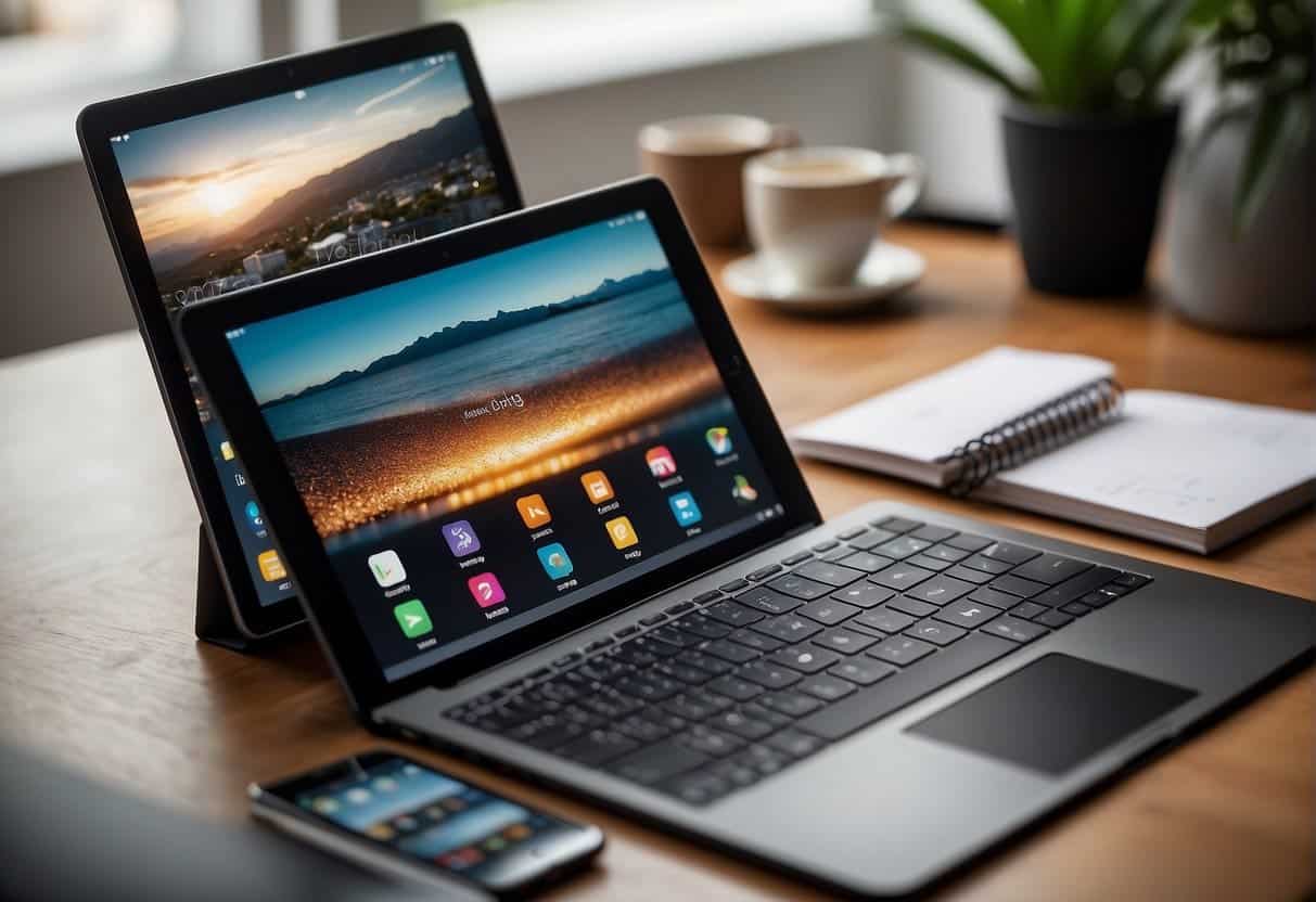 A smartphone seamlessly transitions to a tablet, then a laptop, displaying consistent UX design across devices