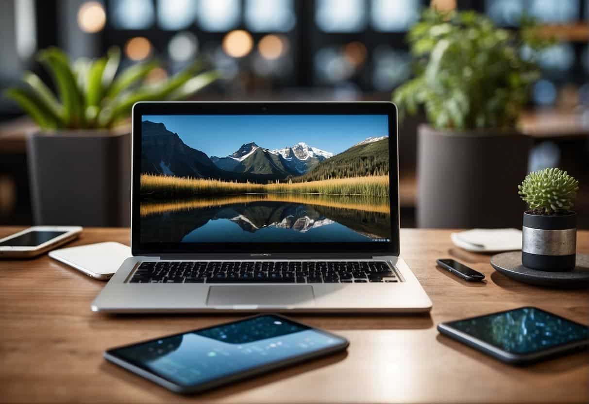 A variety of devices (smartphone, tablet, laptop) arranged in a balanced and adaptable manner, with consistent design elements