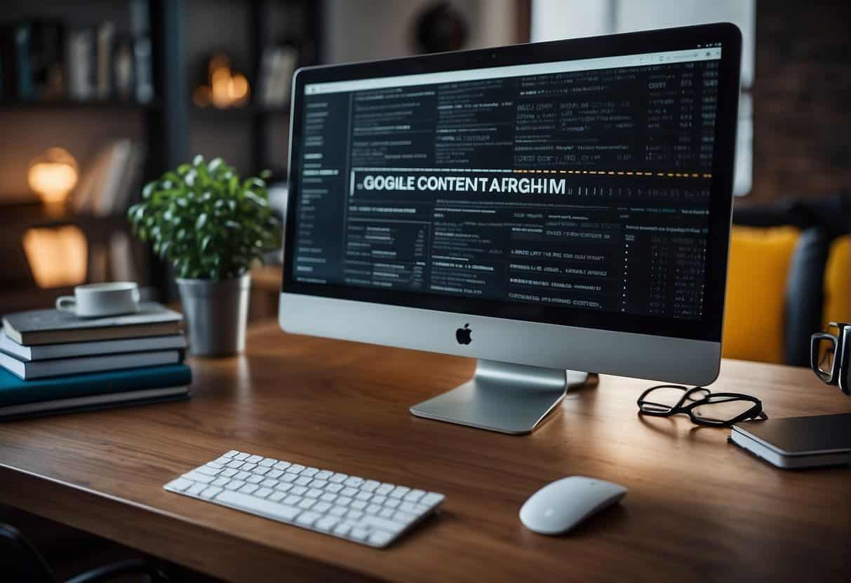 A computer screen displaying Google's algorithm updates and SEO impact. Books on content creation and digital marketing surround the desk