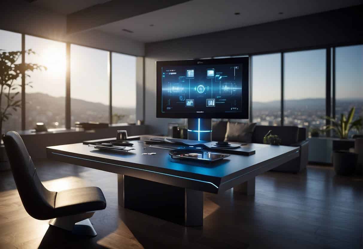 A sleek, futuristic AI device monitors and adjusts home systems, surrounded by smart home technology and automation devices
