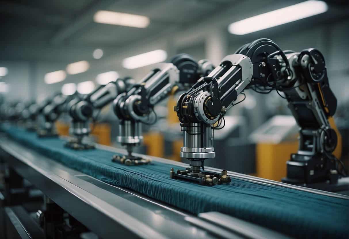 Robotic arms intricately weaving traditional textiles, while AI algorithms optimize production processes in a bustling manufacturing facility