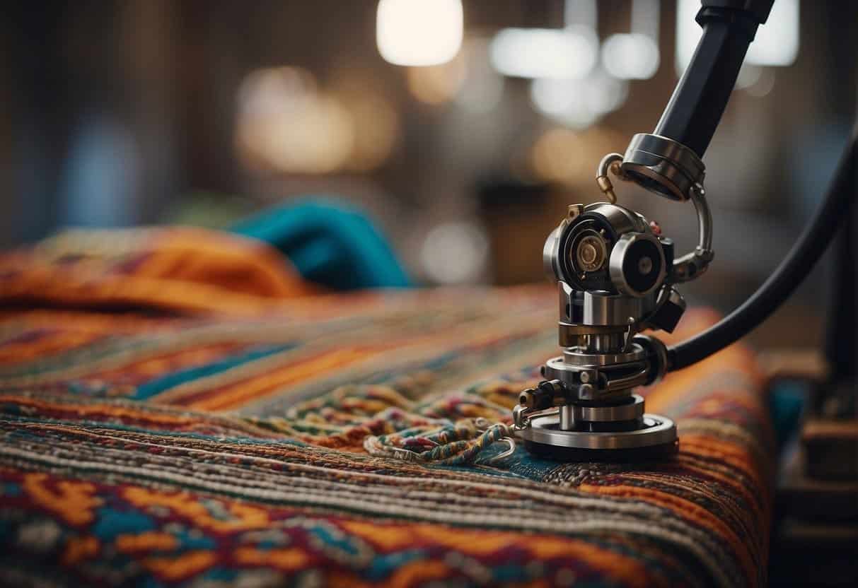 Traditional crafts merge with AI, as a robotic arm delicately weaves intricate patterns into a handmade textile. The fusion of technology and tradition is evident in the precision and artistry of the final product