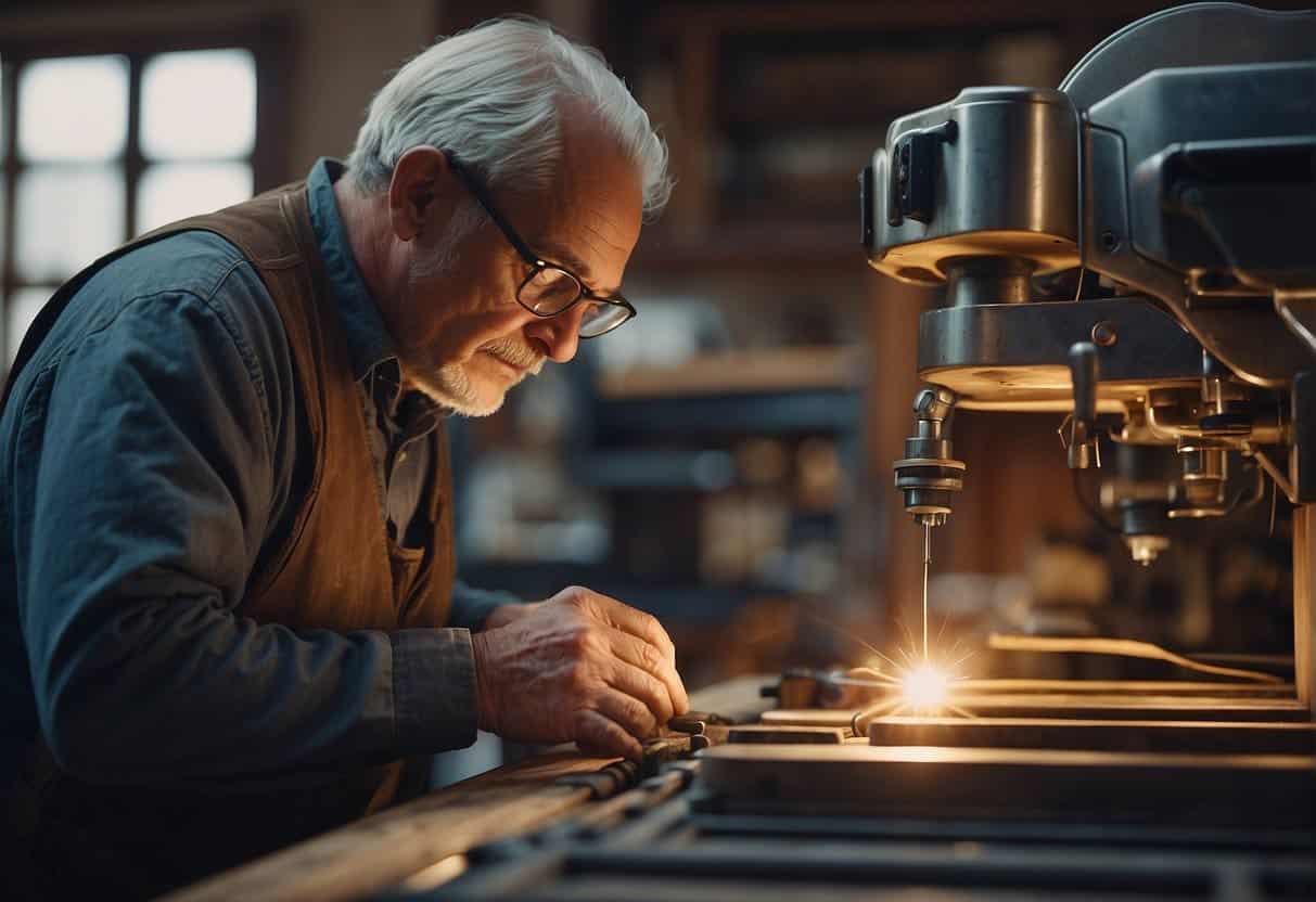 A traditional craftsman works alongside an AI-powered machine, seamlessly integrating technology into the production process. The fusion of old and new techniques symbolizes the evolution of sustainable crafts in the age of AI