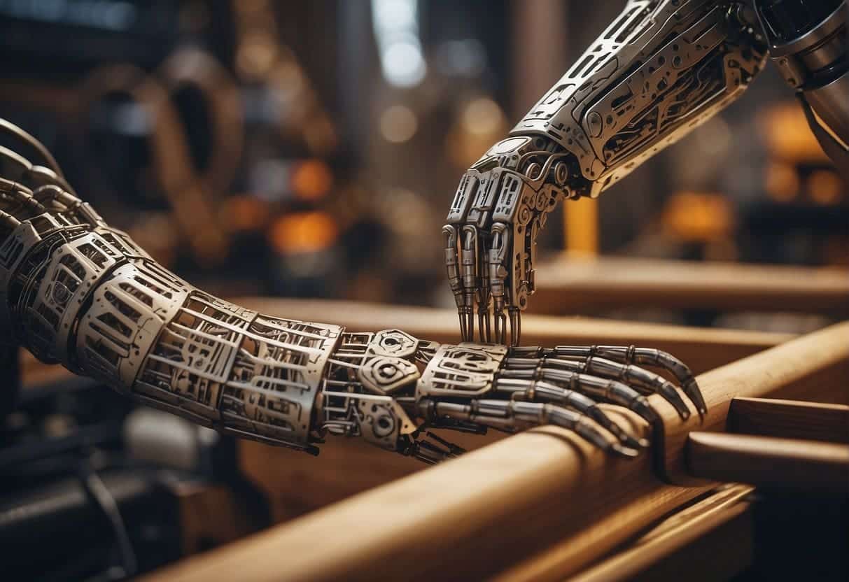 Robotic arms intricately weaving traditional textiles, while smart machines carve intricate designs into wooden crafts
