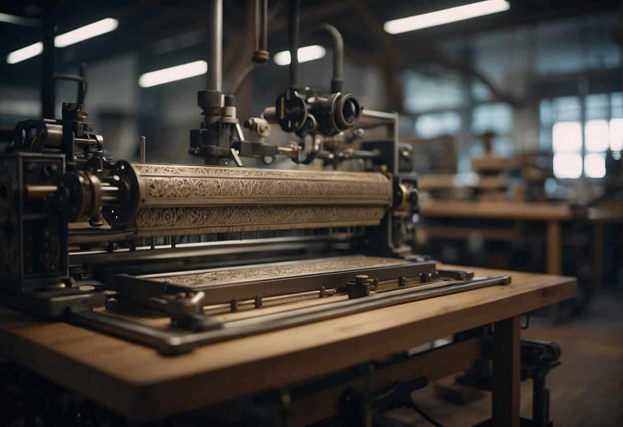 An AI system analyzes patterns in a traditional craft workshop, guiding machines to create intricate designs