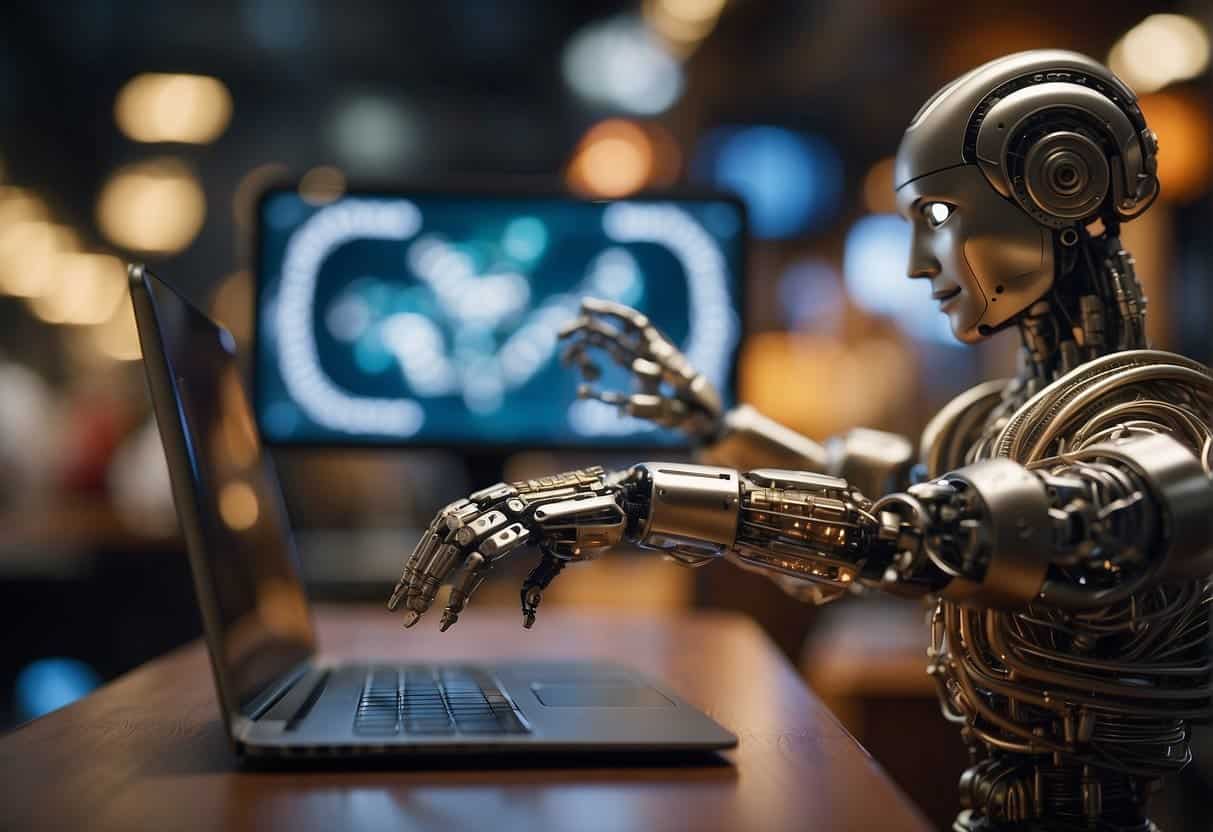 Traditional crafts and AI merge in a bustling marketplace. A robot arm delicately weaves a traditional textile while digital screens display marketing content