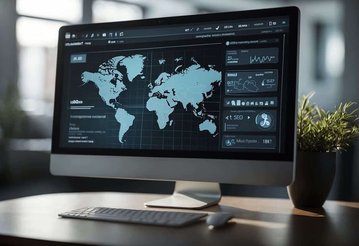 A computer screen displaying a user-friendly interface with AI-generated content, surrounded by SEO best practices and user-centric design elements