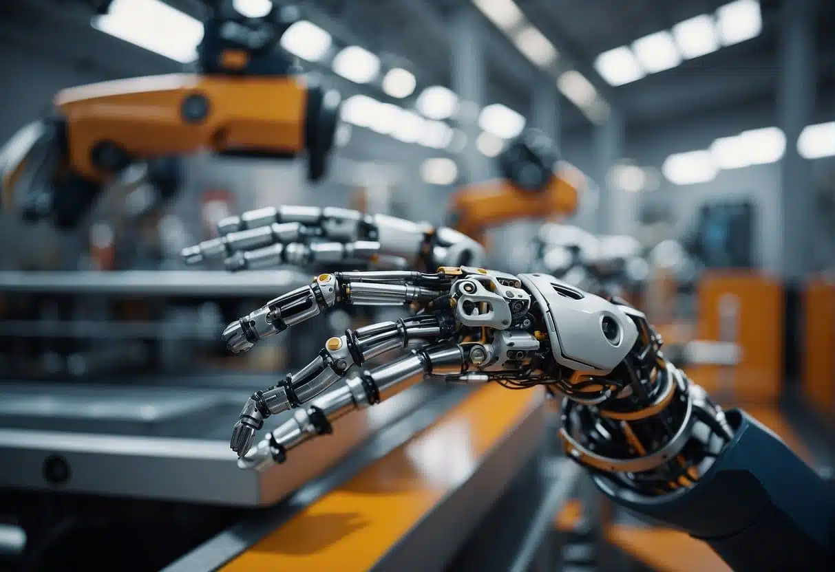 Robotic arms seamlessly weaving traditional crafts with AI precision in a futuristic manufacturing facility