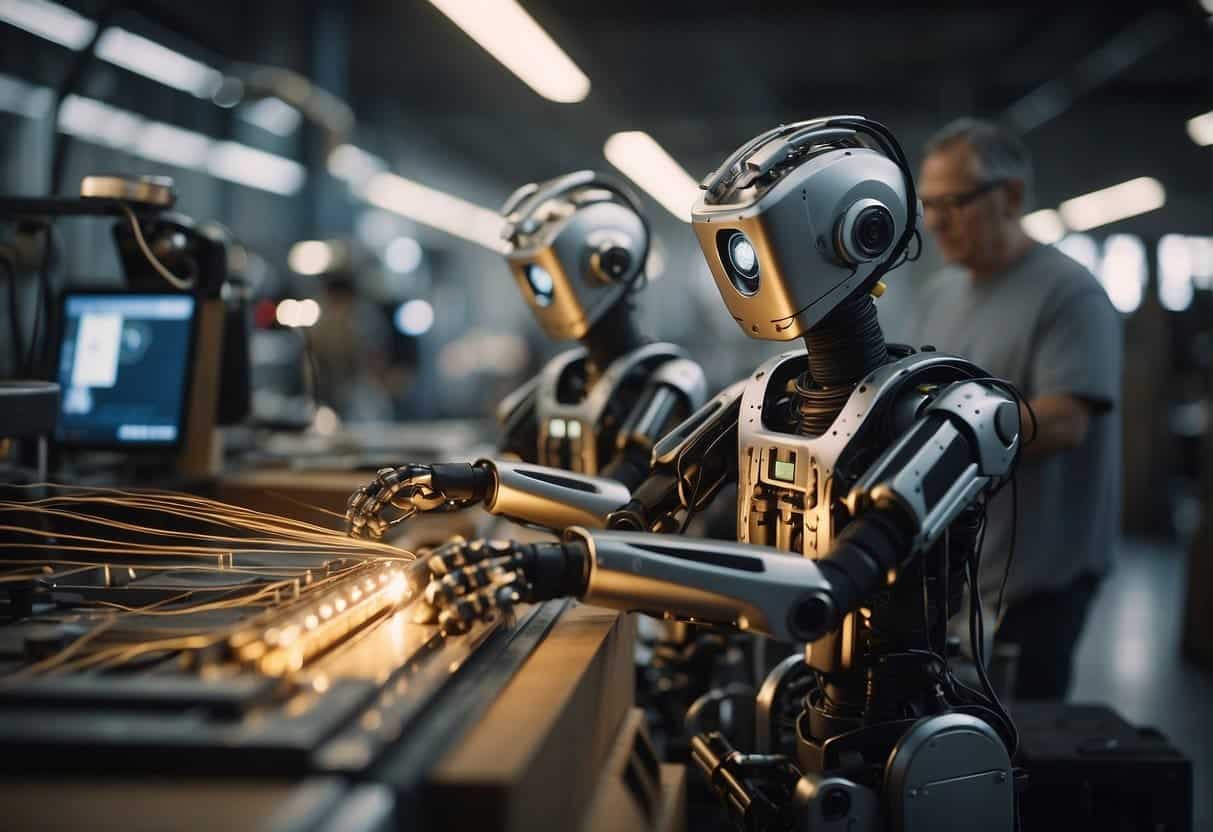 Robotic arms seamlessly weaving traditional textiles with AI assistance. Craftsmen observe and adjust settings on digital interfaces